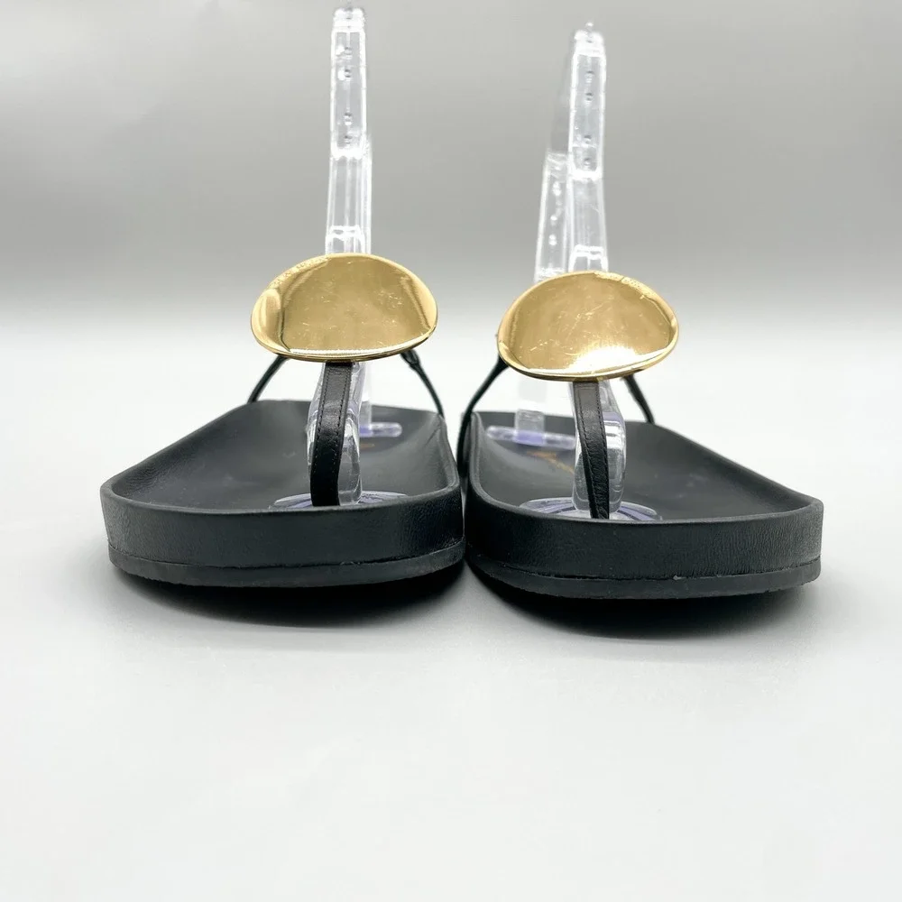 Tory Burch Patos Disk Sandals Womens 7.5 Black Leather Thong Slingback Flat Shoe